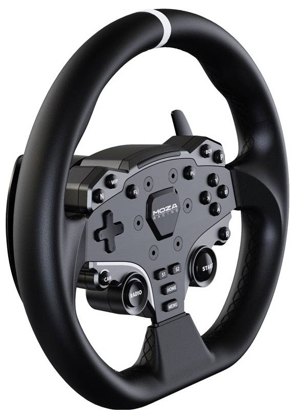 Crno gaming volan s više tipki i polugama na prednjoj strani, pogodan za racing simulatore i videoigre.