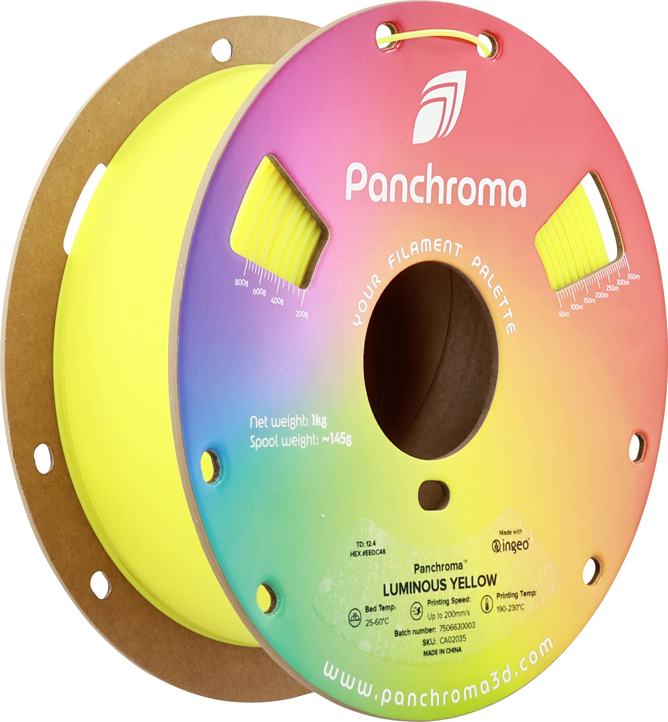 Žuta filamentska špulica 'Panchroma Luminous Yellow'. Težina 1 kg, debljina špulice 1,75 mm. Šareno pakovanje prikazuje logo marke i detalje.