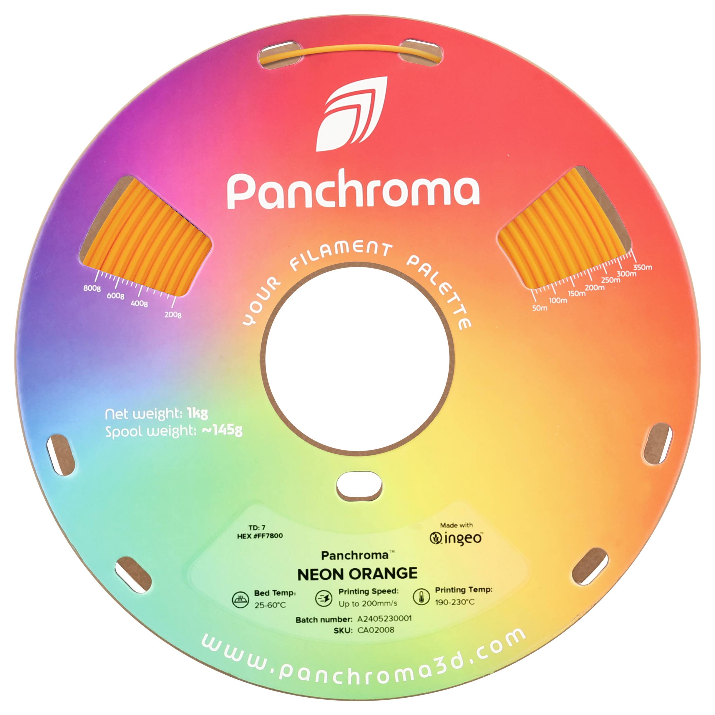 Kružna špuljna s duginim bojama i natpisom 'Panchroma YOUR FILAMENT PALETTE'. Sadrži informacije o težini filamenta i temperaturi ispisa.