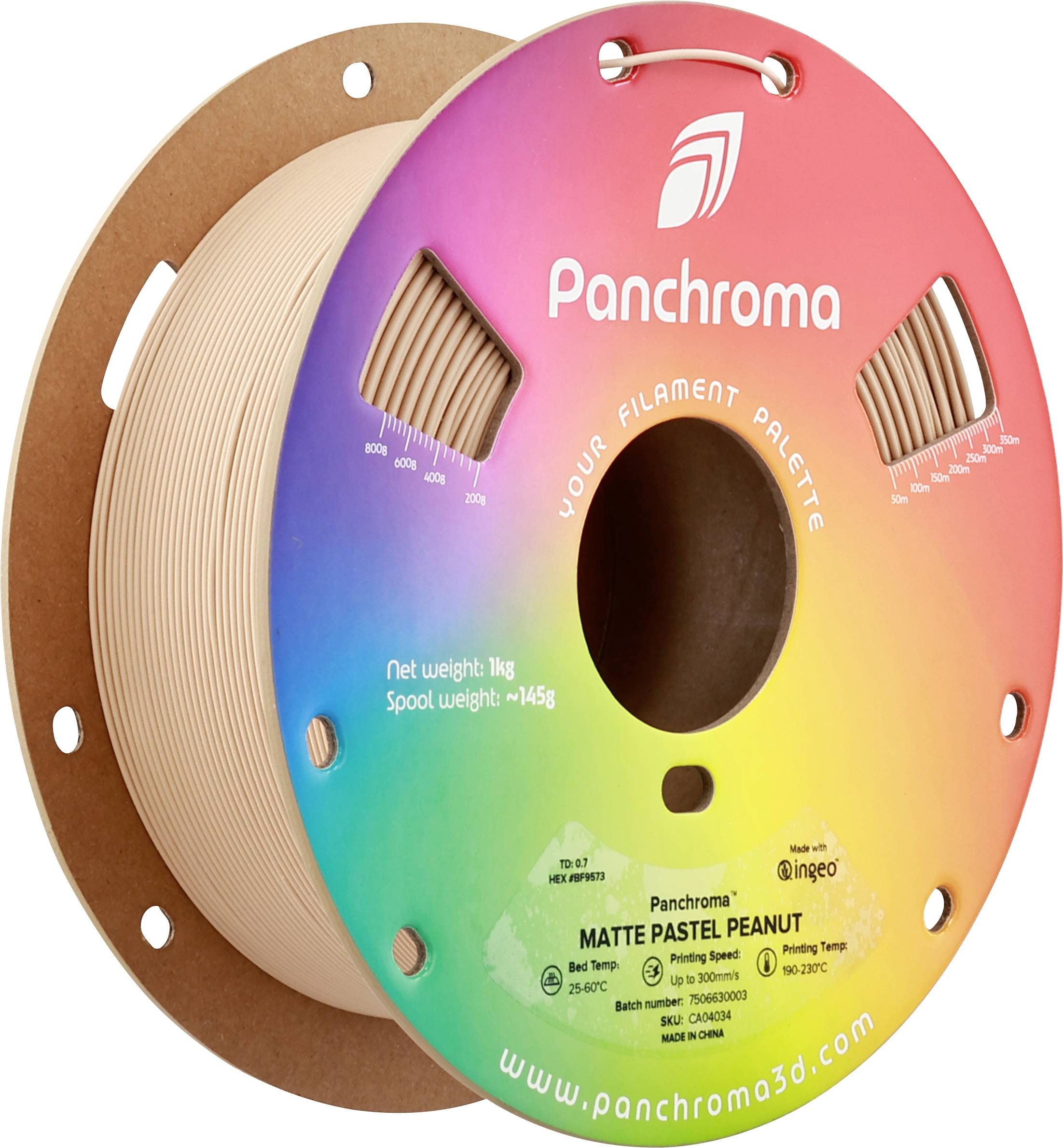 'Panchroma Matte Pastel Peanut' filamentska špuljna, 1 kg, duginih boja, detalji filamenta na špulji, web stranica proizvođača dolje.