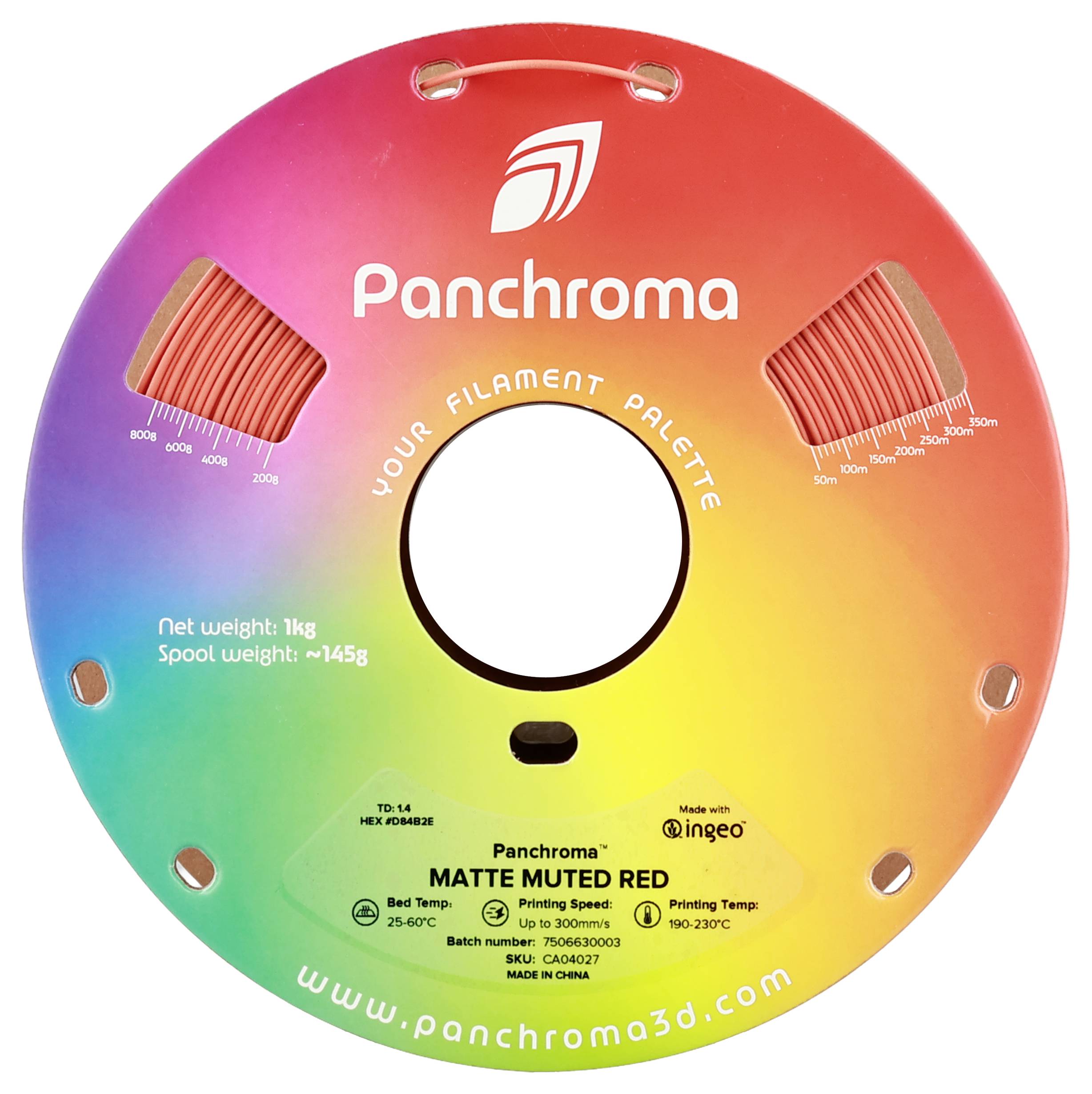 3D filament za printer, 'Panchroma', crvena boja, 1kg neto, težina špule 145g, temperatura ispisa 190-230°C, brzina 40-100mm/s, PLA materijal.