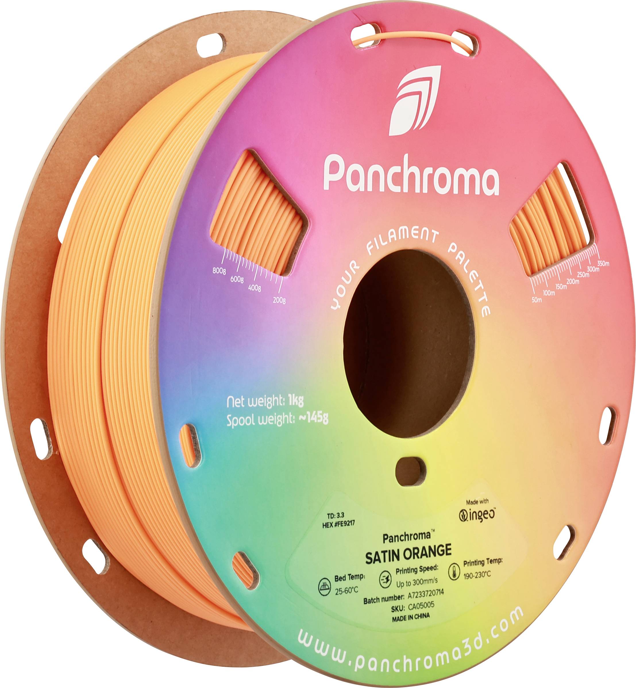 Slika prikazuje kolut narančastog 3D printer filamenta marke Panchroma, model Satin Orange.