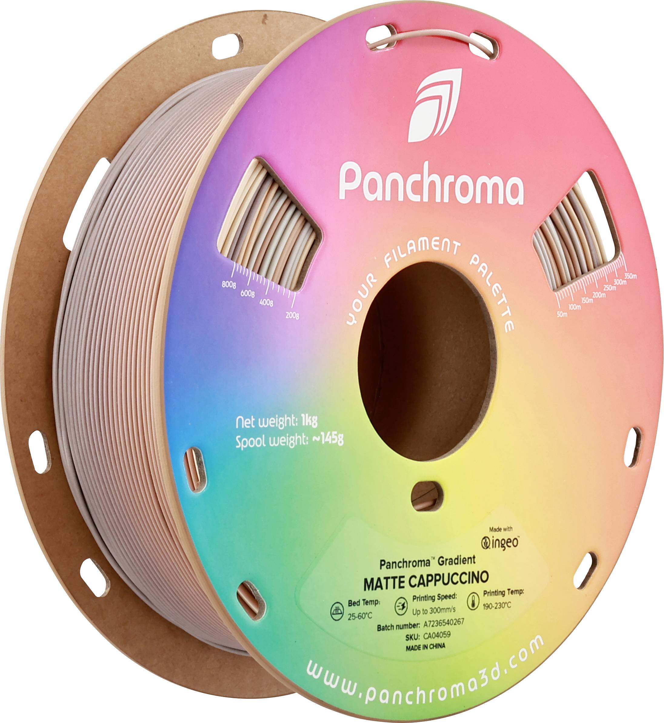 Kolut s 3D filamentom za ispis u boji Mat Cappuccino od Panchrome. Pakiranje prikazuje dugini preljev.