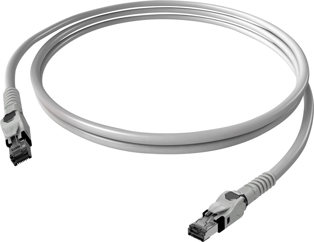Sivi Ethernet kabel s dva RJ45 konektora, prikazan u obliku petlje na bijeloj pozadini.