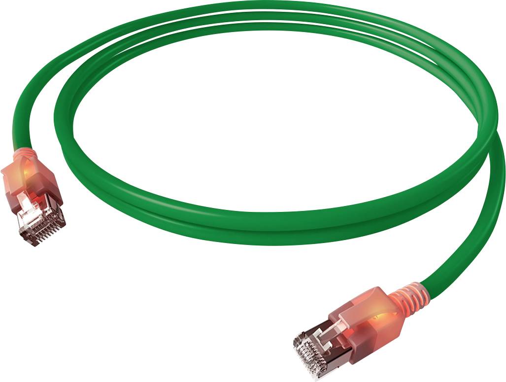 Zeleni Ethernet kabel sa svijetlo narančastim konektorima na oba kraja, koristi se za mrežne veze.