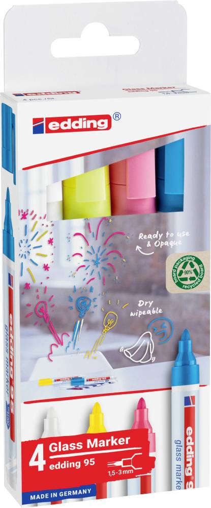 Paket s četiri staklena markera u različitim bojama od Eddinga. Tekst 'Spremni za pisanje i neprozirni', 'Mogu se brisati'. Izrađeno u Njemačkoj.