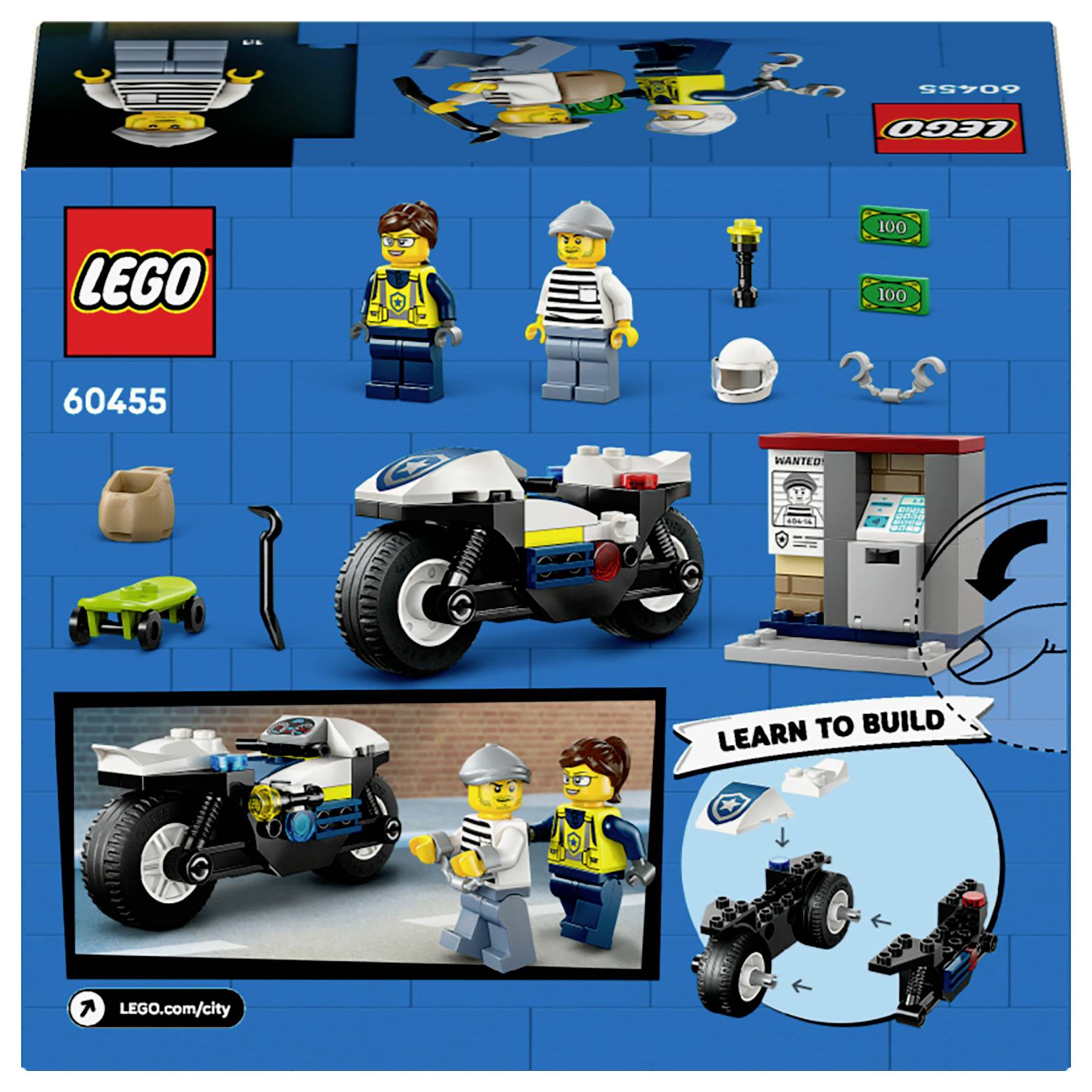 LEGO-set: Dvije minifigure (policajac i lopov), motocikl, bankomat. Upute 'LEARN TO BUILD' s uputama za sastavljanje motocikla.