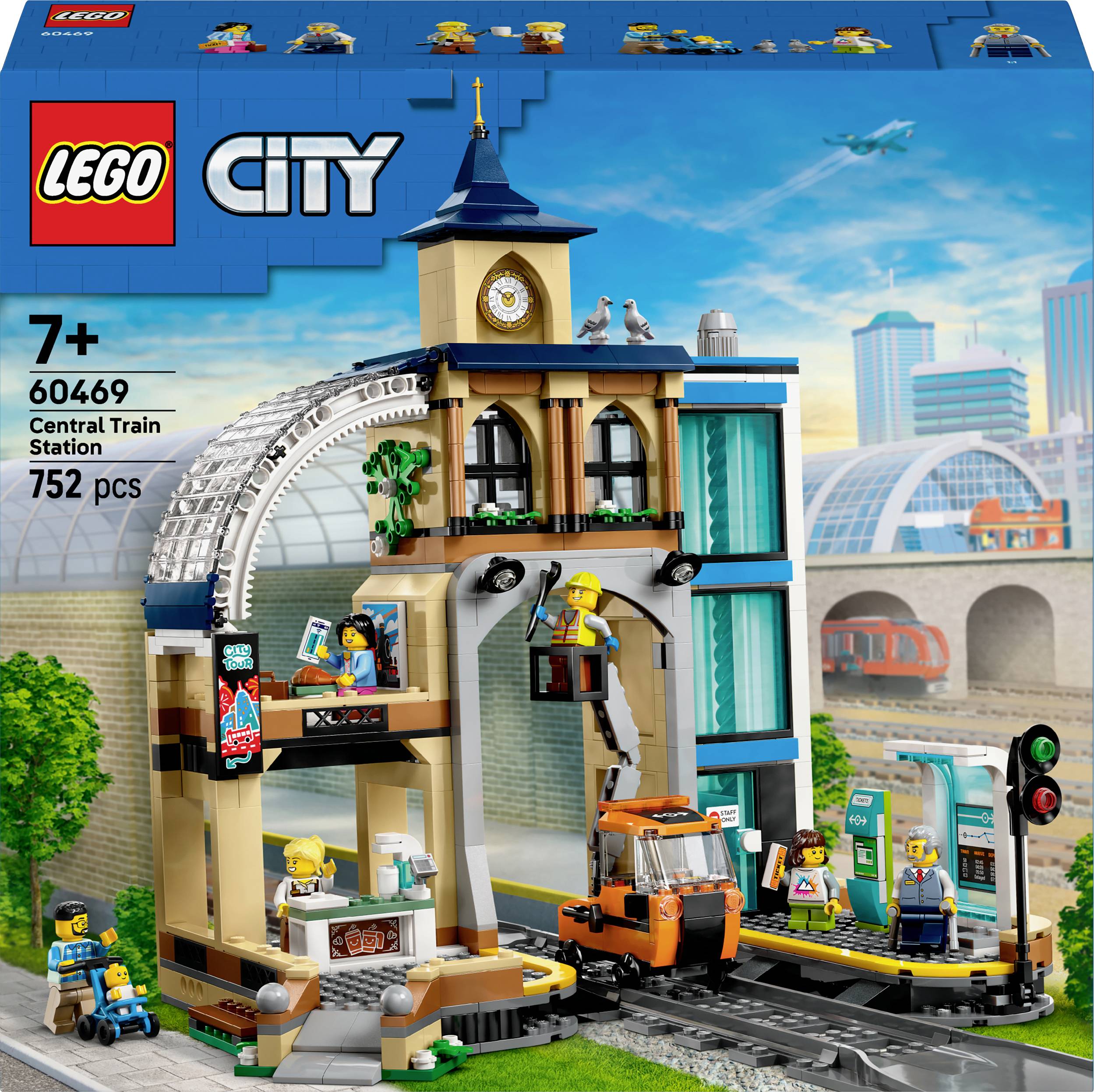 LEGO City Središnji željeznički kolodvor s figuricama, vlakom i peronom. Preporučuje se od 7 godina, set sadrži 752 dijela.