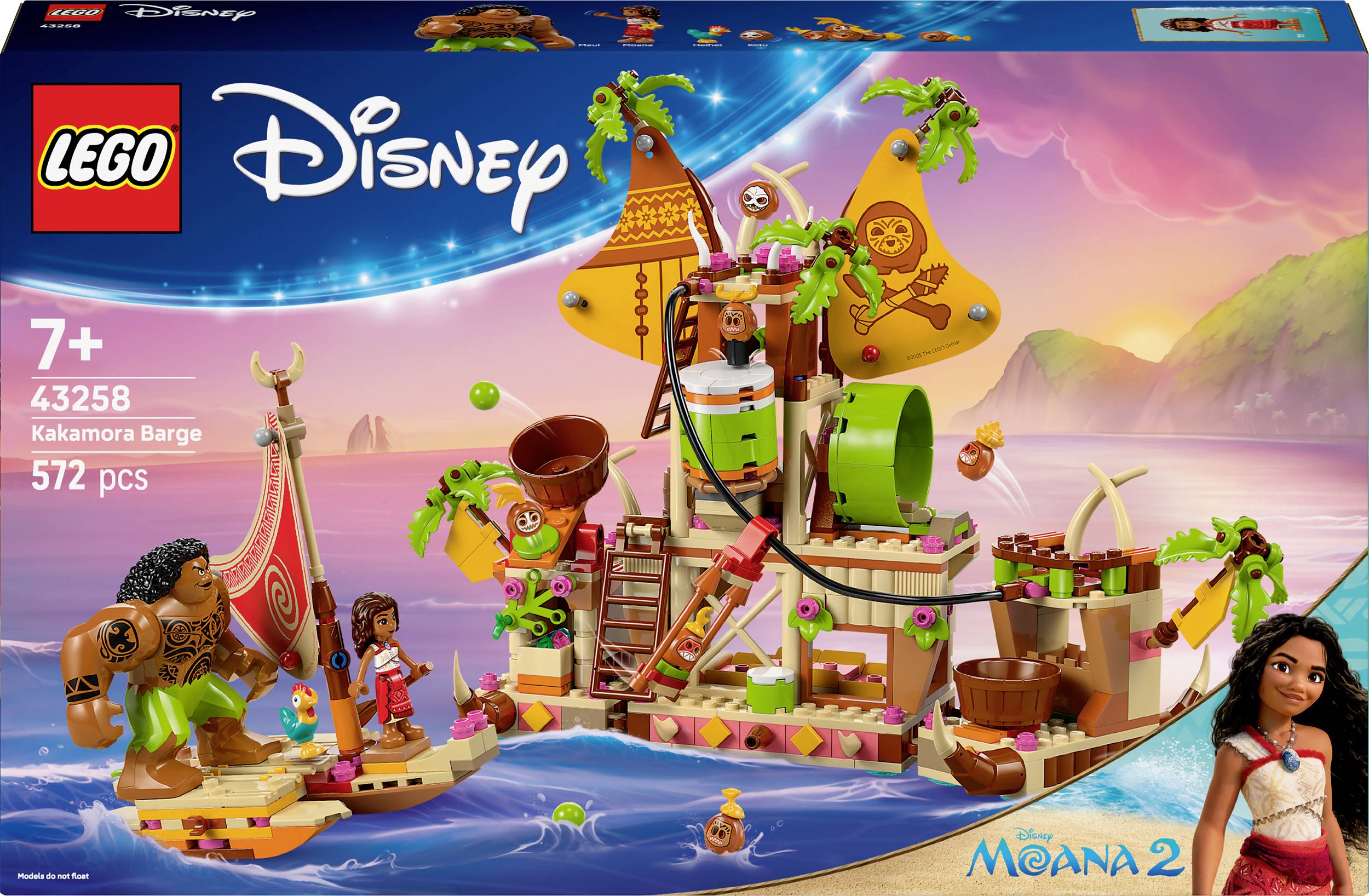 LEGO set 'Disney Vaiana' s šarenim brodom, figuricama i tropskim detaljima. Dob 7+, 572 dijela. Pakiranje prikazuje scenu iz filma.