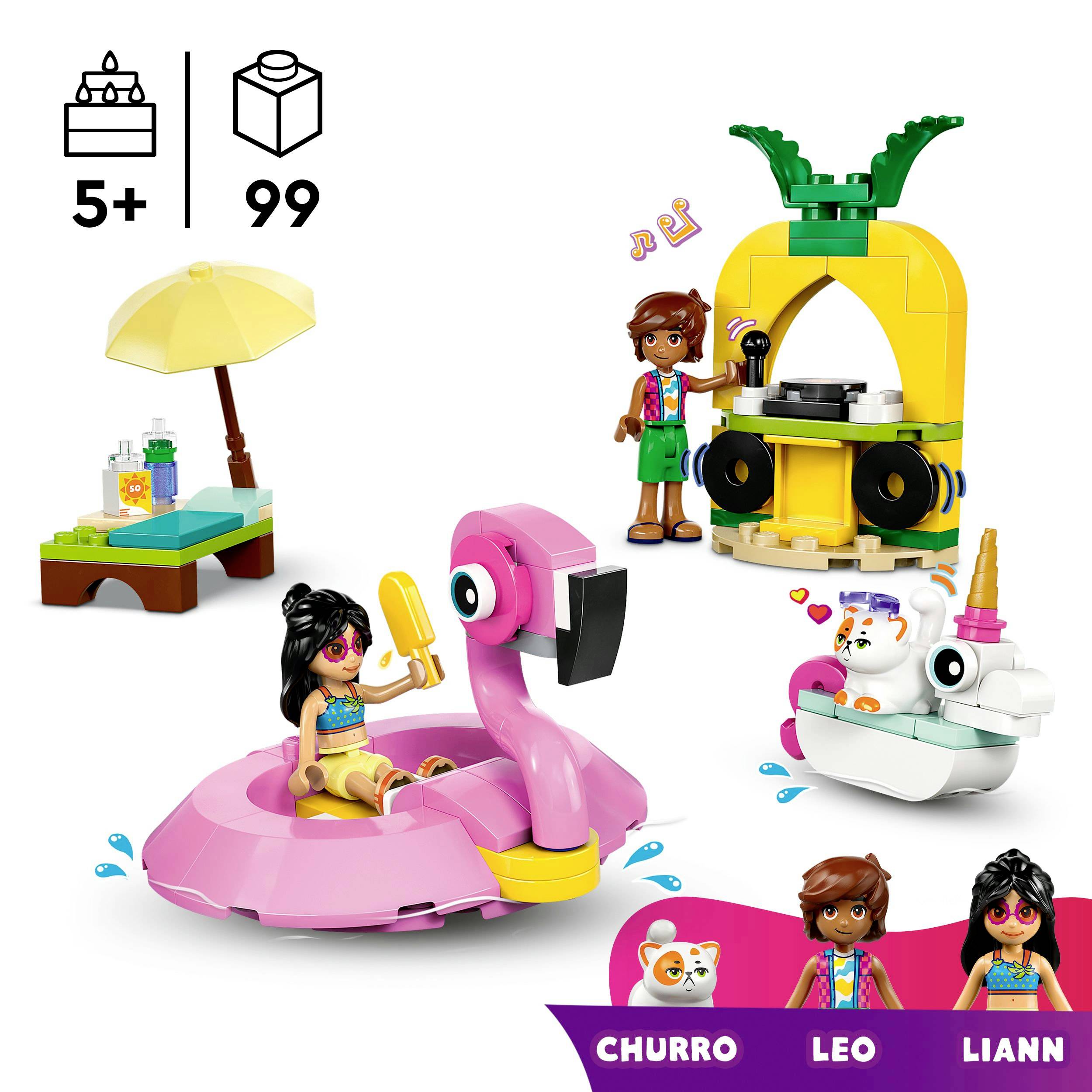 LEGO set za djecu od 5 godina s ružičastim plutajućim obručem, beach caféom, figuricama 'Churro', 'Leo', 'Liann', 99 dijelova.