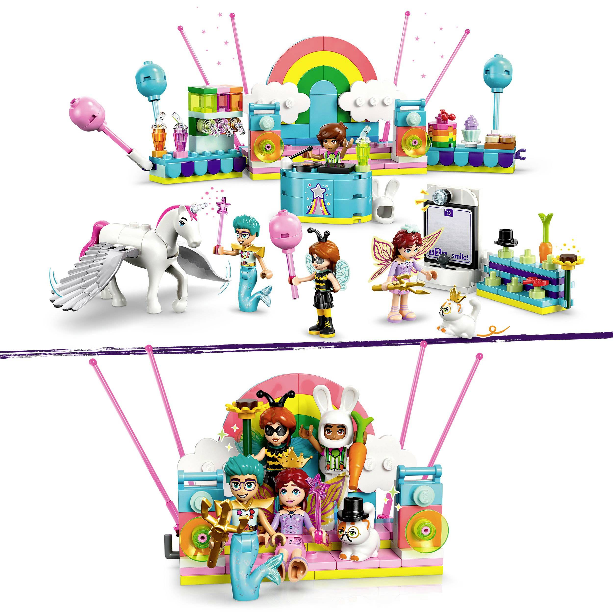 Šarena Lego scena s figuricama na oblačnoj pozornici, jednorog, glazbeni i čarobni rekviziti, djeca u kostimima, veseli svijet mašte.