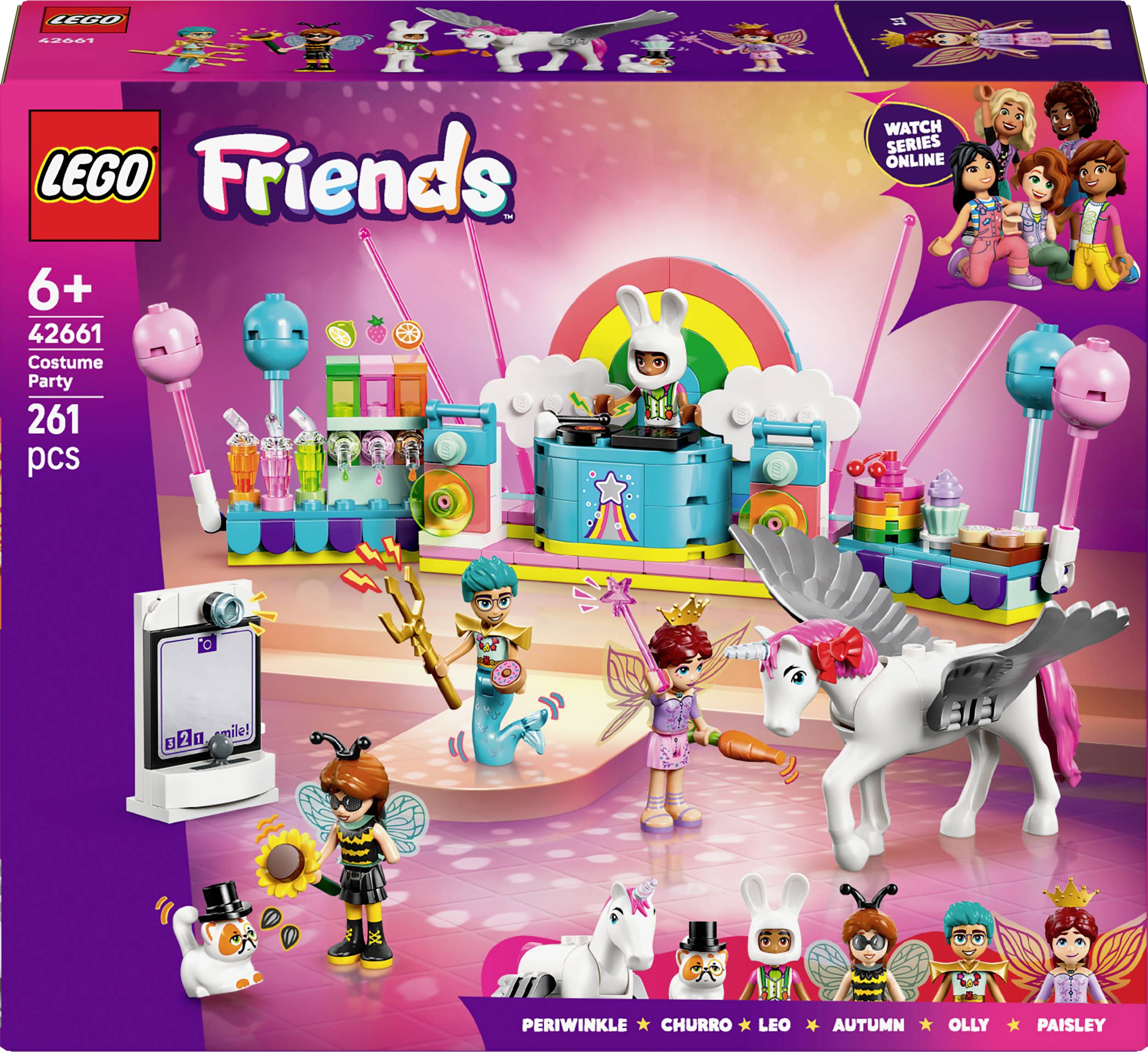 Lego Friends komplet za sastavljanje 'Kostimska zabava' za djecu od 6 godina, sadrži šarene figurice, pribor i 261 dio, uključujući figuricu jednoroga.