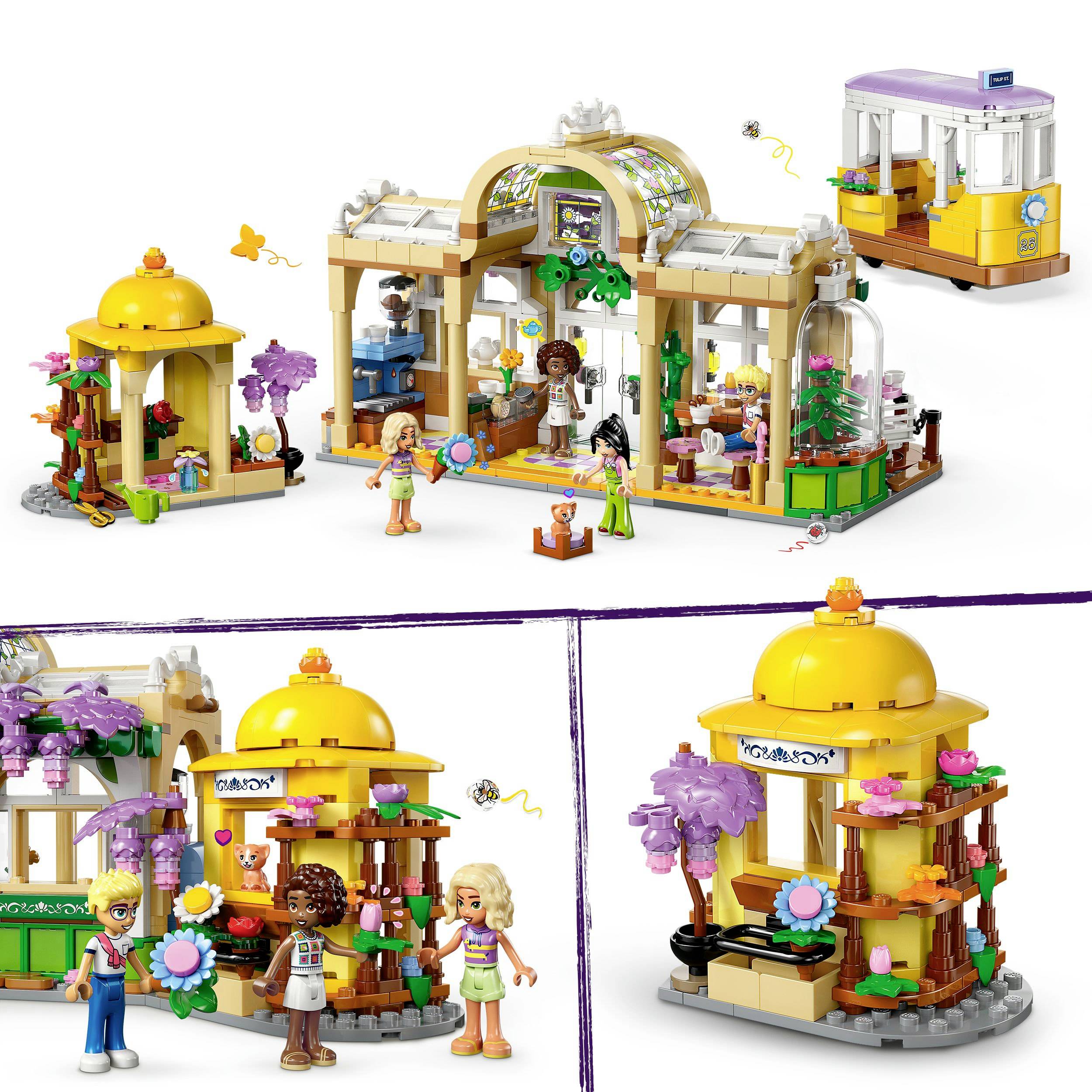 Slika prikazuje LEGO set s cvjećarnicom, tri figurice, ljubičastim stablima i malim žutim prodajnim štandom u vrtnom okruženju.