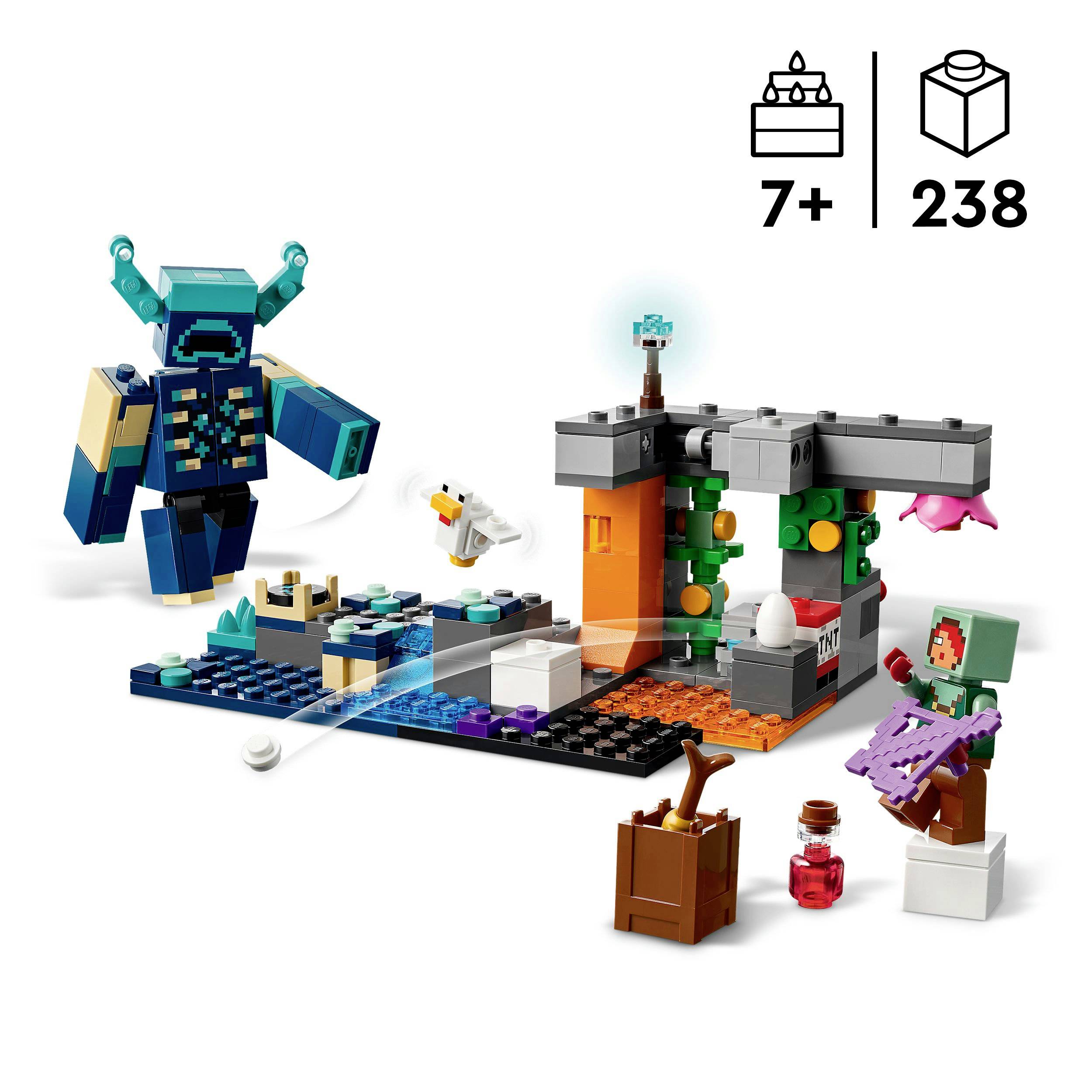 LEGO Minecraft set s figurom Wardena i stvorenjem u špilji, okružen kockicama i ukrasima, od 7 godina.
