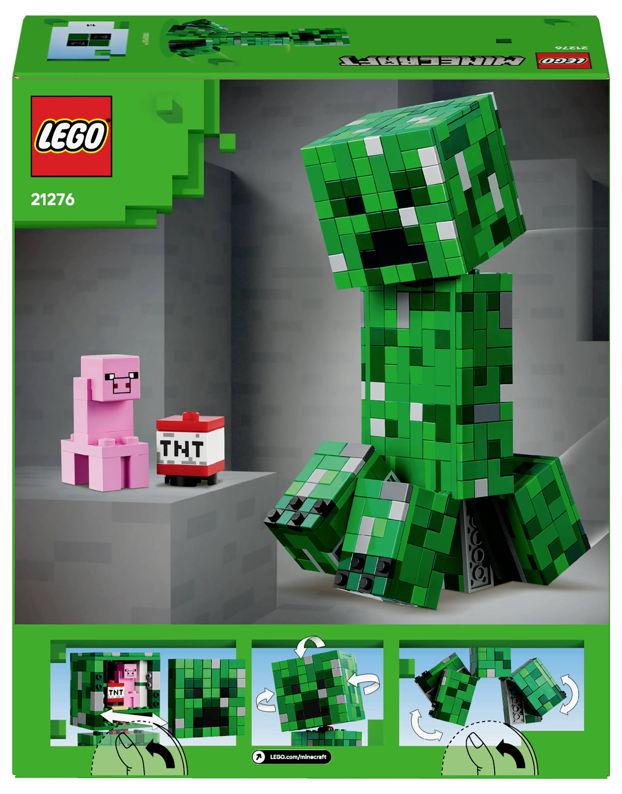 LEGO set s Minecraft temom: Veliki zeleni Creeper pokraj ružičaste svinje i TNT kocke. Pakiranje prikazuje upute za sastavljanje po koracima.