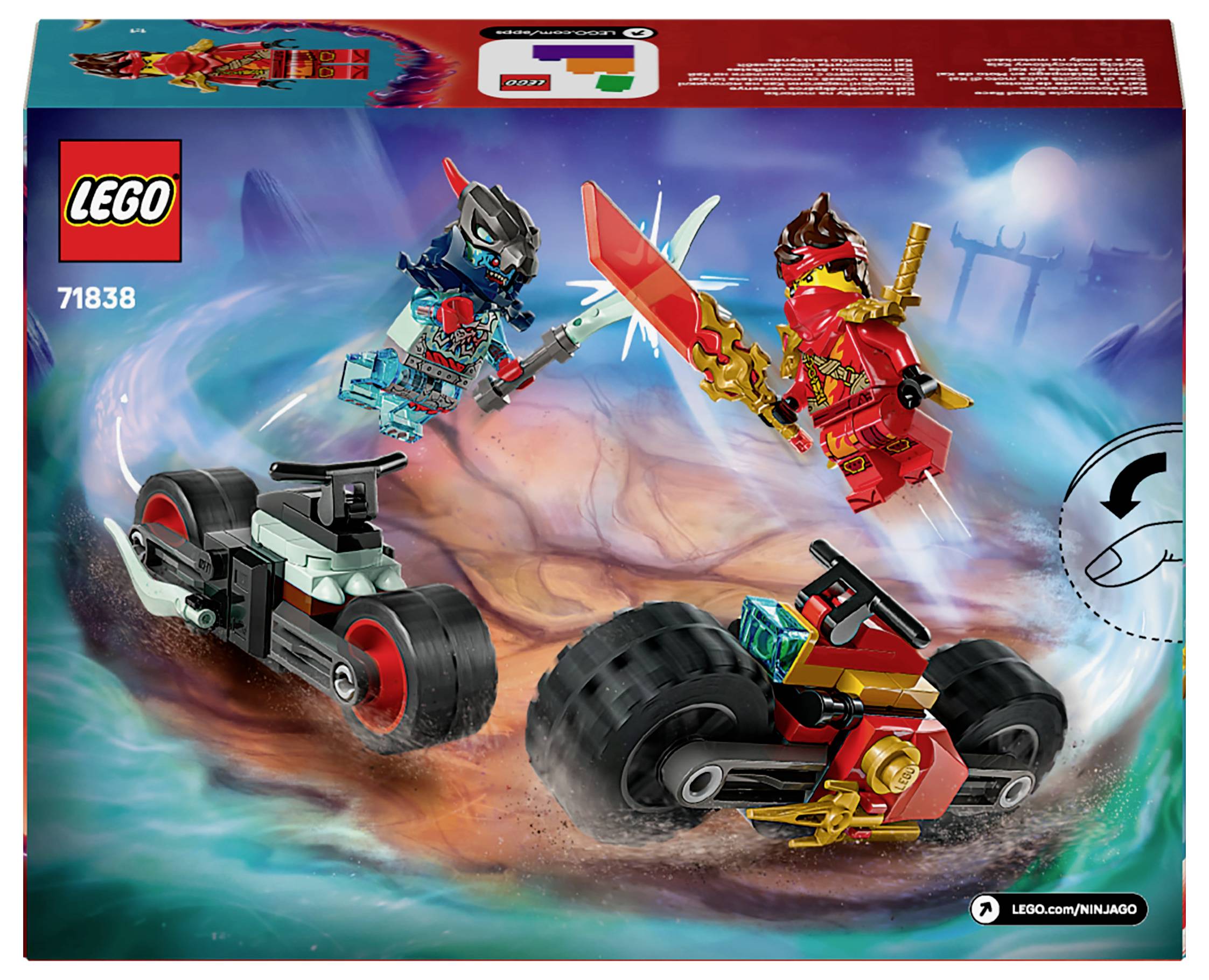 LEGO set prikazuje dvije figure na motociklima u borbi, okružene dinamičnom pozadinom s rotirajućim kotačima.