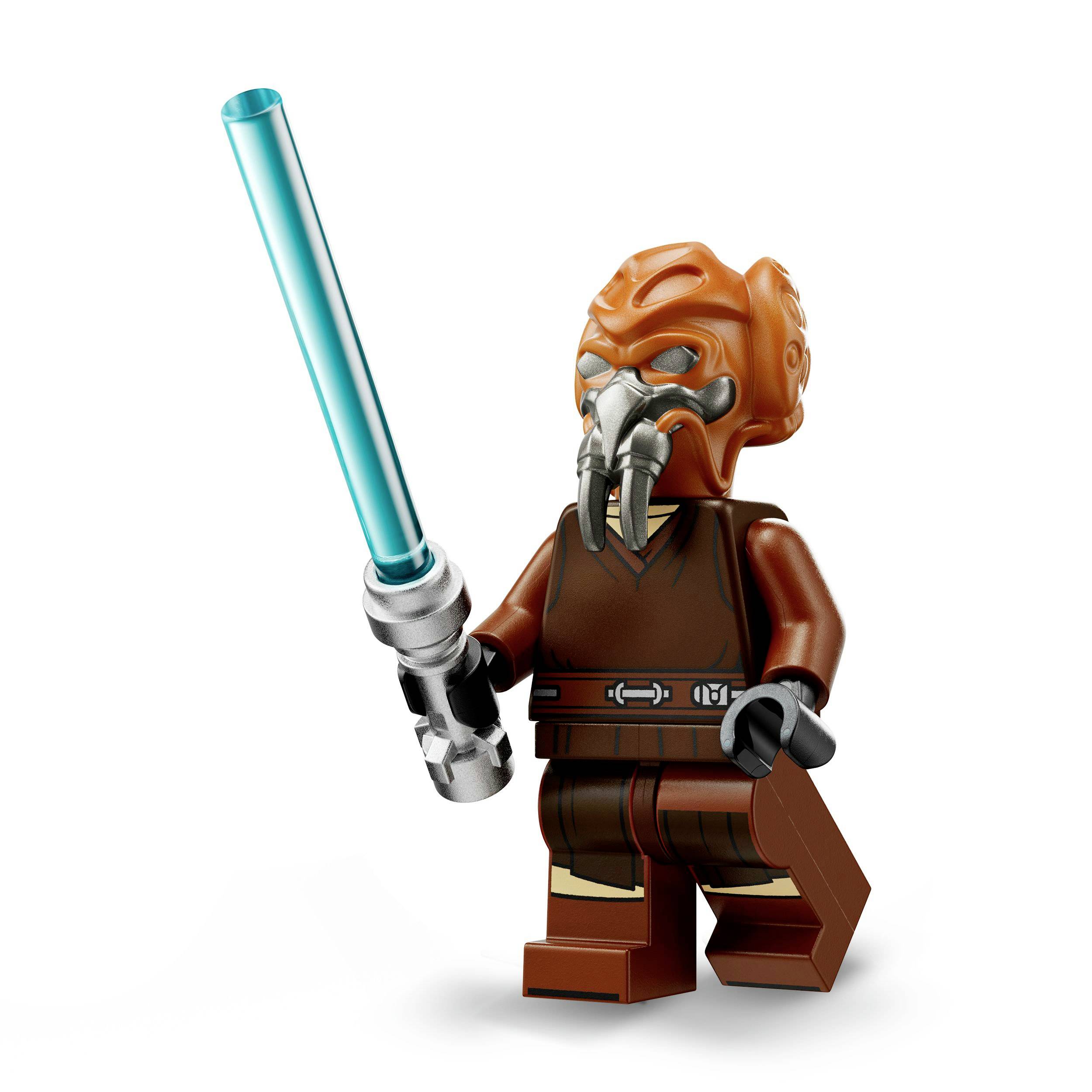 LEGO figura znanstveno-fantastične ratnice s narančastom kacigom i imitacijom plavog svjetlosnog mača u ruci.