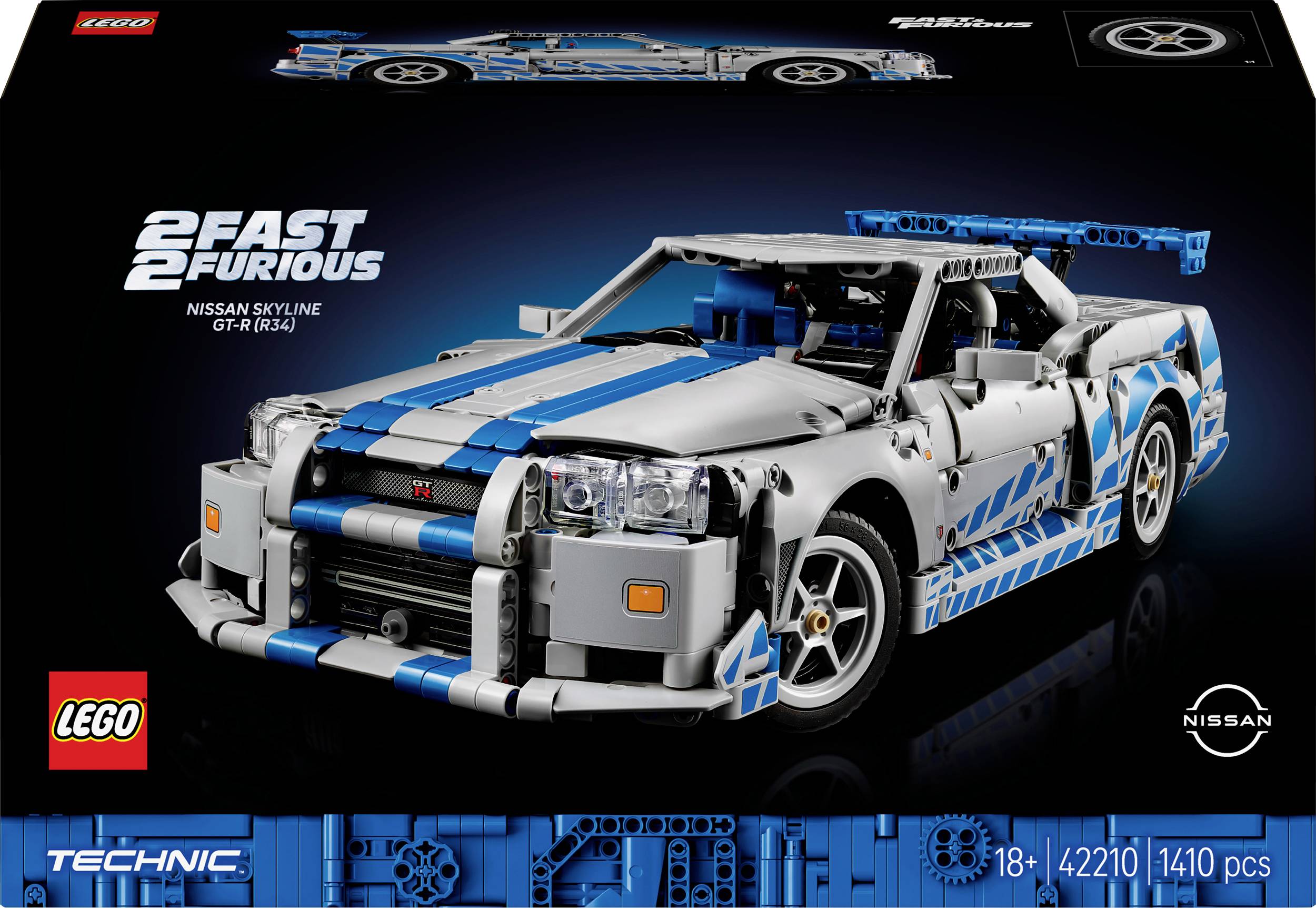 Lego model Nissan Skyline GT-R (R34) iz filma '2 Fast 2 Furious', s plavim i srebrnim lakiranjem, na crnoj pozadini.