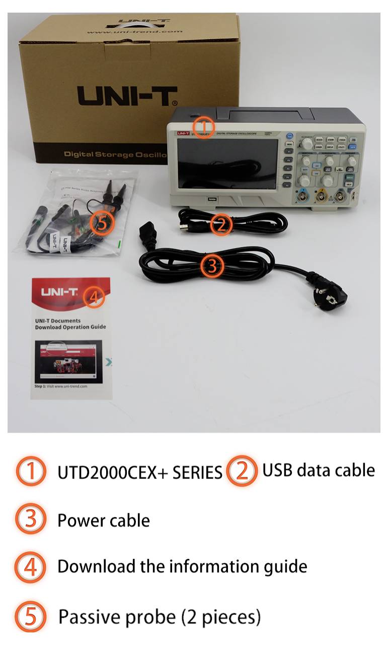 Digitalni memorijski osciloskop komplet: Uključuje osciloskop, USB podatkovni kabel, mrežni kabel, upute za uporabu i dvije pasivne sonde.