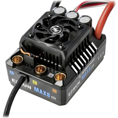 Elektronički regulator brzine s hladnjakom i ventilatorom, označen oznakom 'EZRUN MAX8'. Višebojni kabeli za spajanje.