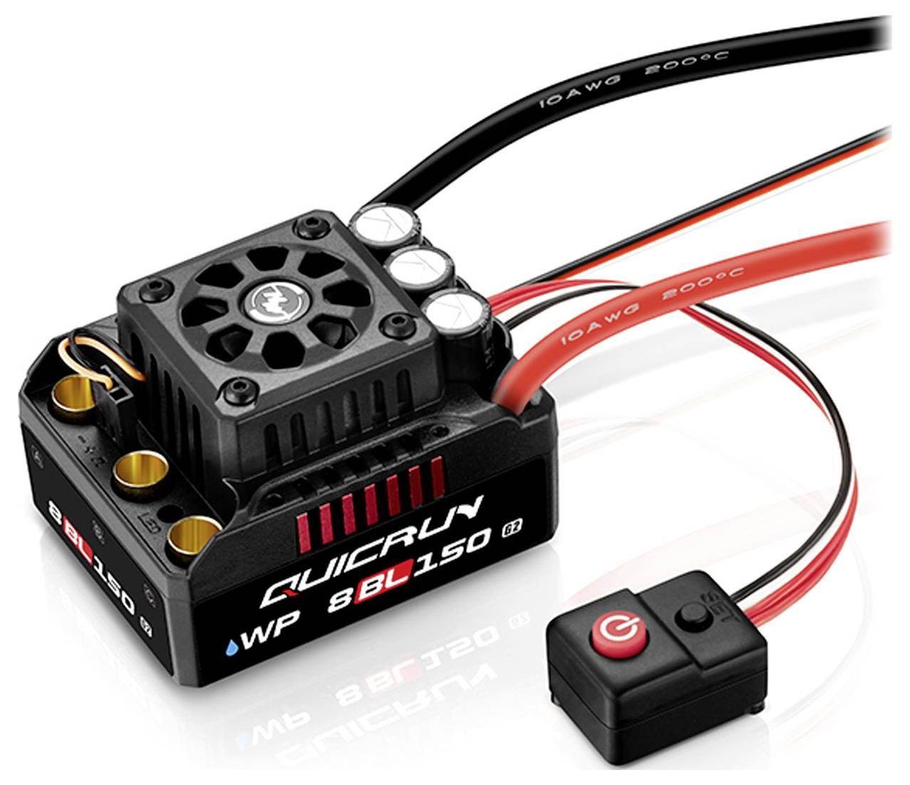 'QuicRun WP 8BL150' je elektronički regulator brzine za RC vozila s ventilatorom i uključno-isključnim prekidačem.