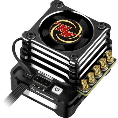 Beskolutni motorni regulator s integriranim ventilatorom i priključcima za napajanje, pogodan za RC modele. Nazivi brendova i logoi su vidljivi.