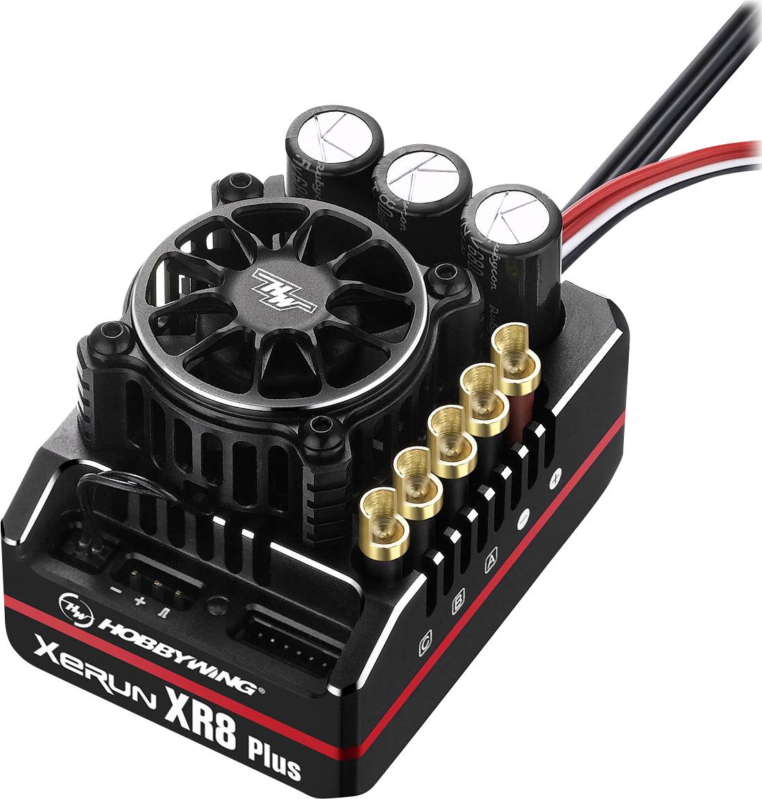 XERUN XR8 Plus motorni regulator tvrtke Hobbywing s ventilatorom i šest priključnih utičnica, u crnoj boji s crvenim detaljima.