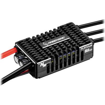 Elektronički regulator, označen natpisom 'Hobbywing Platinum 80A V3', s više kabela za upravljanje motorima u modelarstvu.