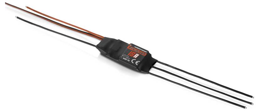 Elektronički regulator brzine s žicama i natpisom 'Hobbywing'. Važna komponenta za modelarstvo, regulira strujni dotok.