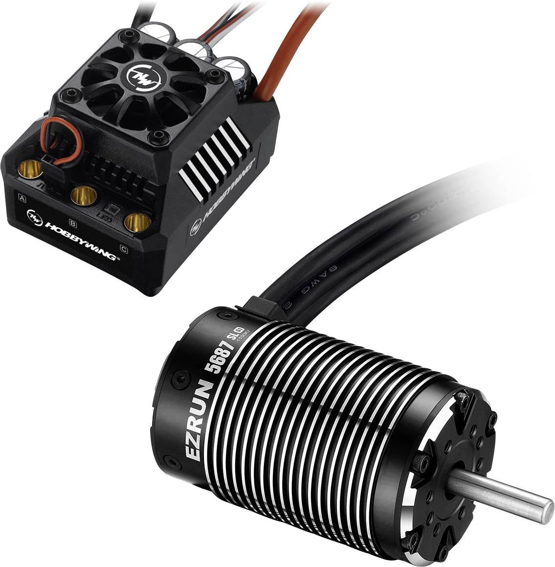 Elektronički regulator vožnje i motor s jakim rebrima, oba s kabelskim priključcima, za upotrebu u daljinski upravljanim vozilima.