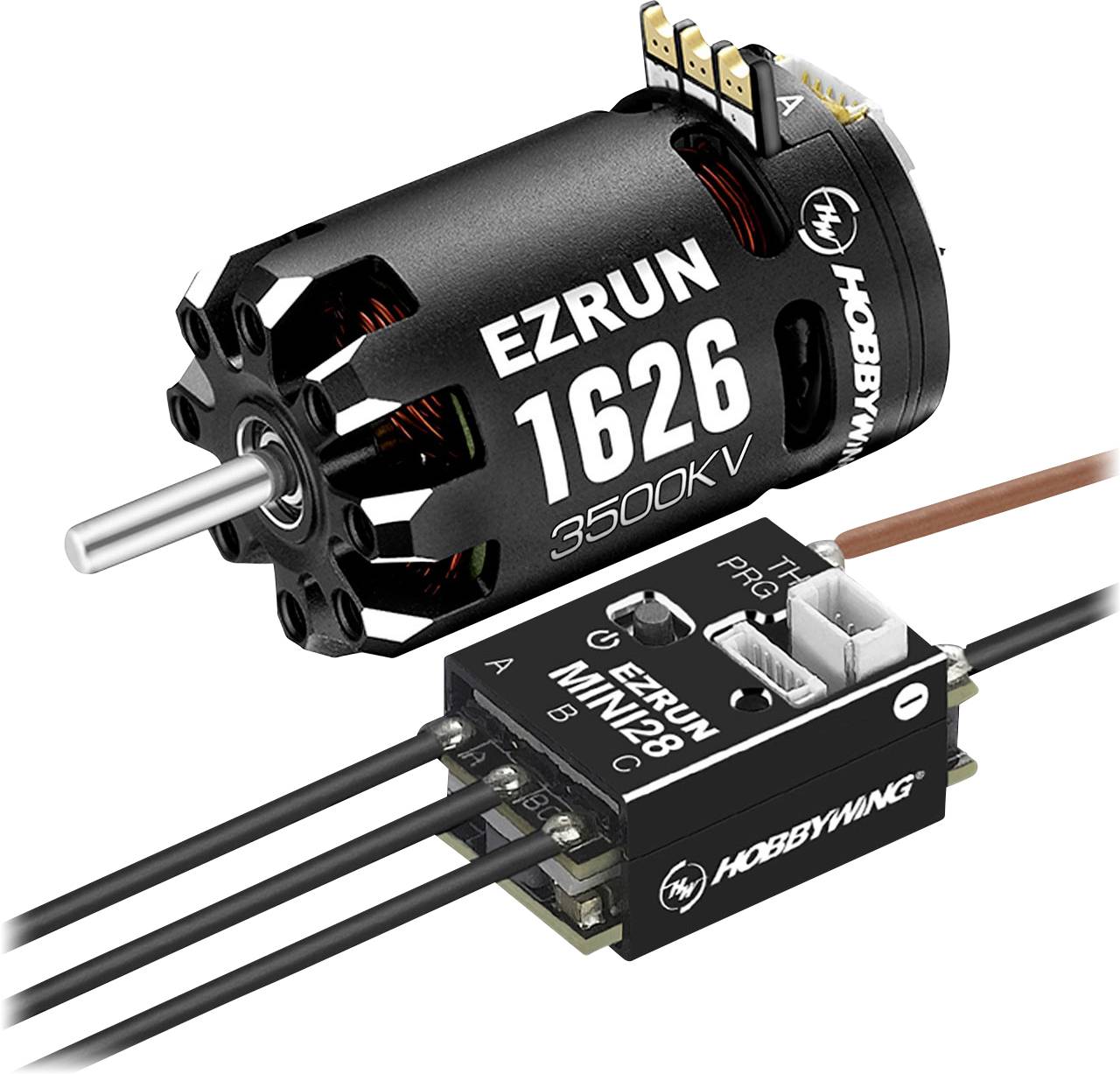 Crni hobi Hobbywing EZRUN 1626 3500KV motor s kabelima, pored njega EZRUN Mini28 upravljačka jedinica s više priključaka.