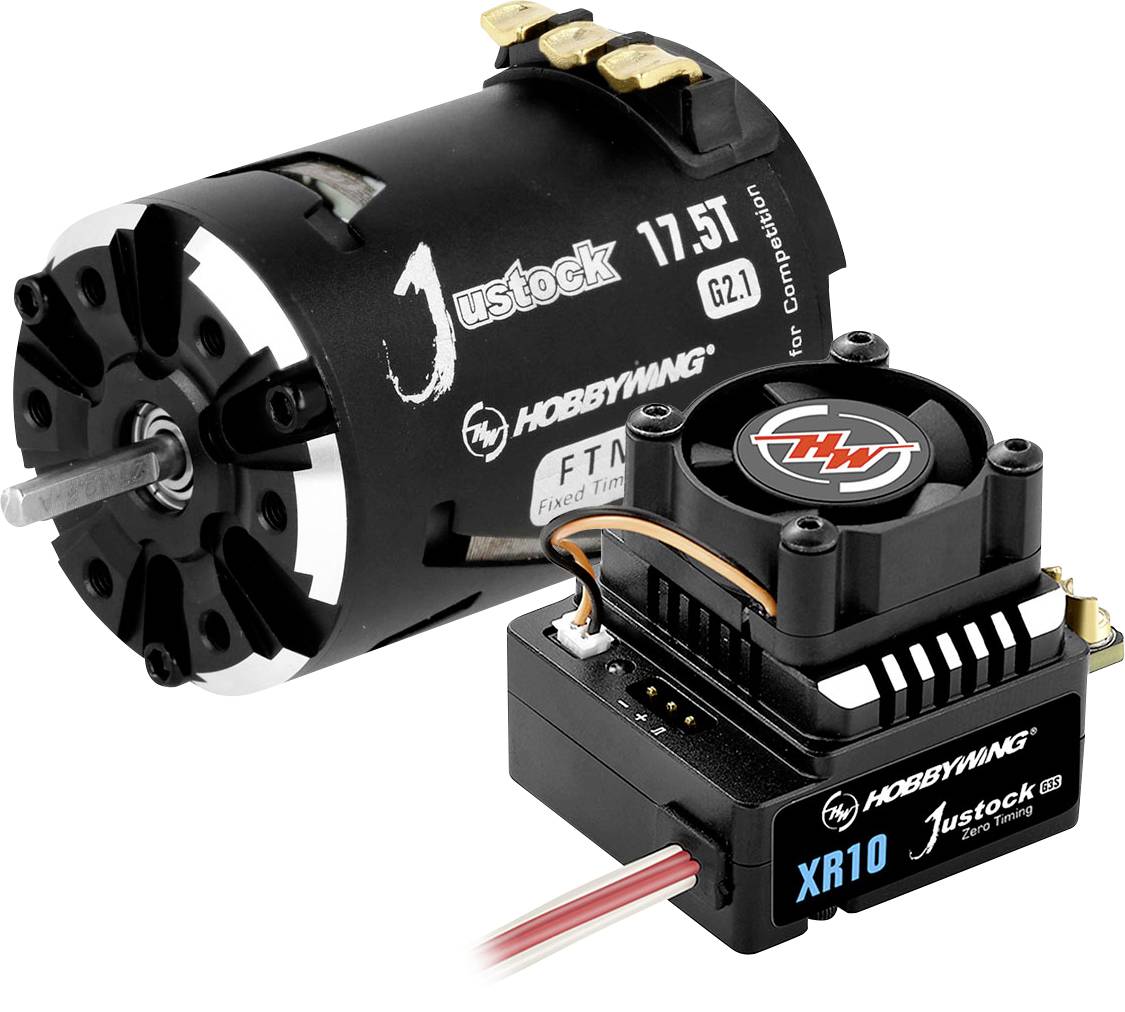 Crni elektromotor i jedinica regulatora za modelarstvo. Natpis na motoru: 'Justock 17.5T'.