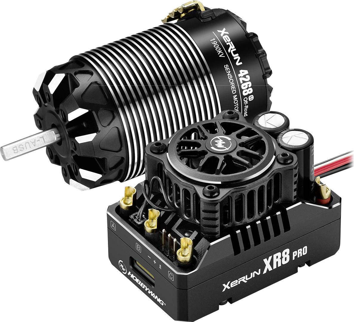 Na motoru bez ambalaže s rashladnim rebrima piše 'Elektromotor bez četkica XERUN 4268 SD'. Ispod se nalazi upravljačka jedinica XERUN XR8 PRO.