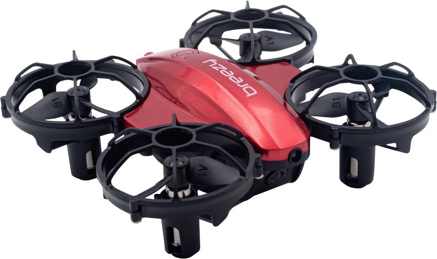 Crvena igračka dron s četiri prekrivena propelera, lagano i kompaktno dizajnirana. Pogodan za letenje u unutarnjem i vanjskom prostoru.