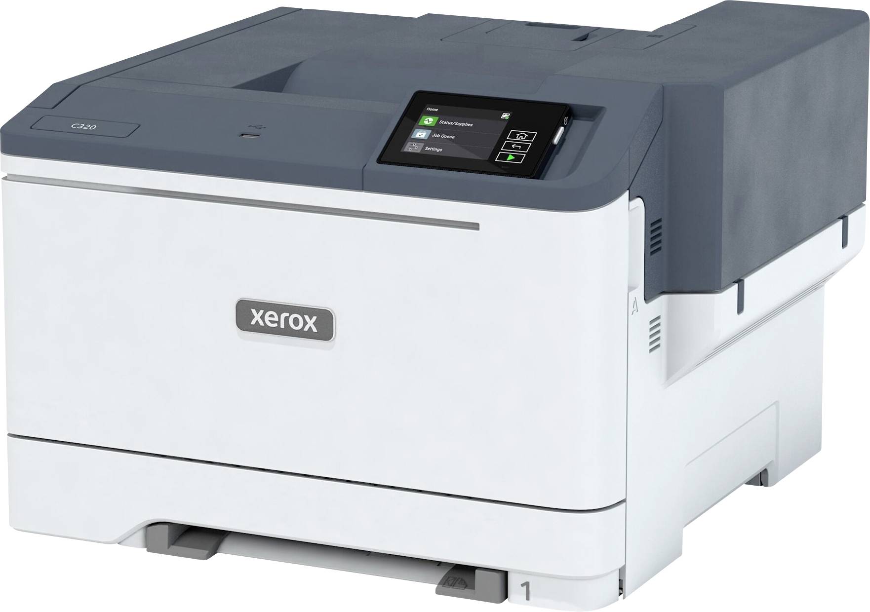 Pisač s kućištem u sivoj i bijeloj boji, zaslon na dodir, logotip proizvođača 'Xerox' na prednjoj strani. Kompaktni uredski uređaj.