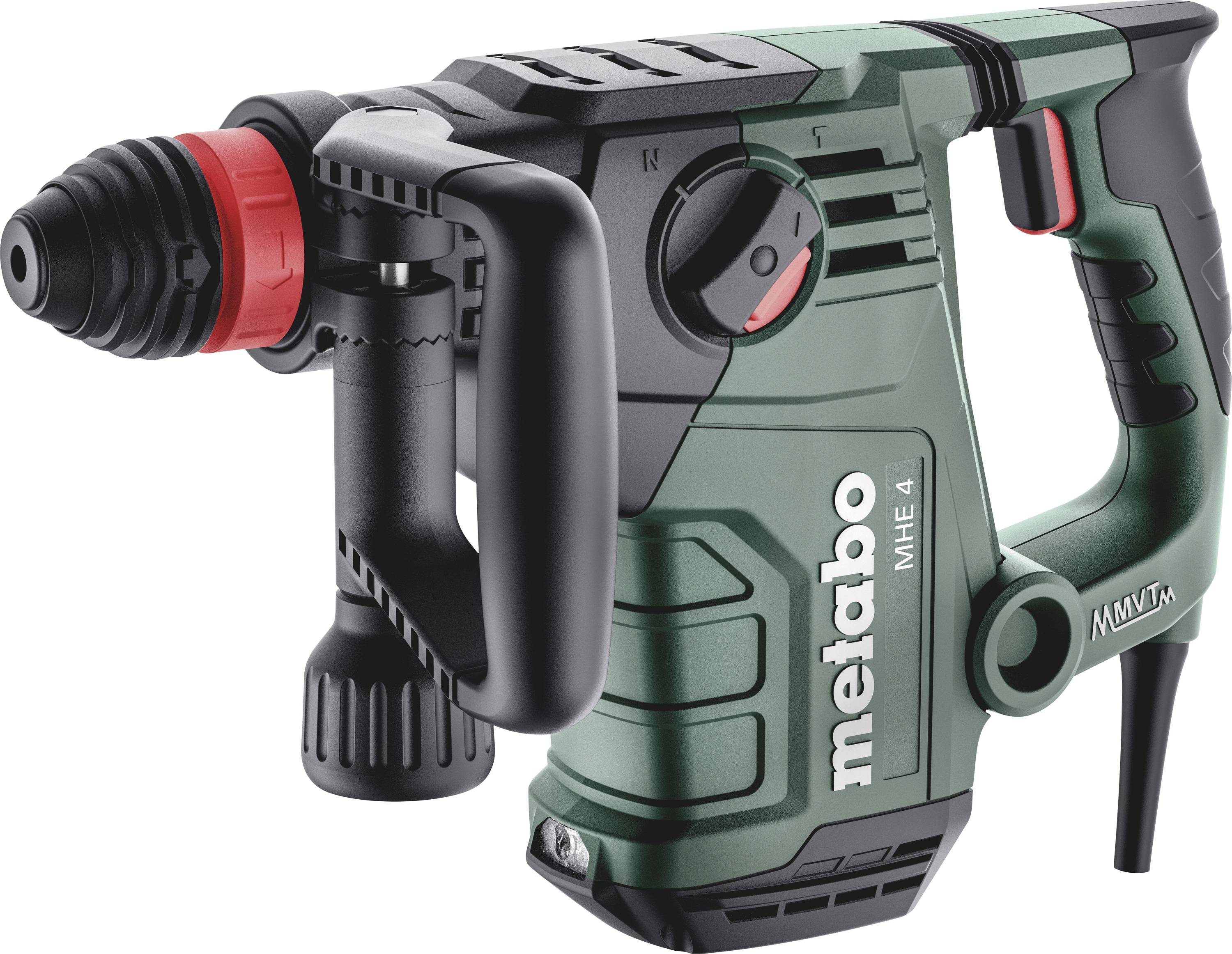 Zeleni i crni čekić bušač marke Metabo, model MHE 4, s crvenim naglaskom i ergonomskom ručkom.