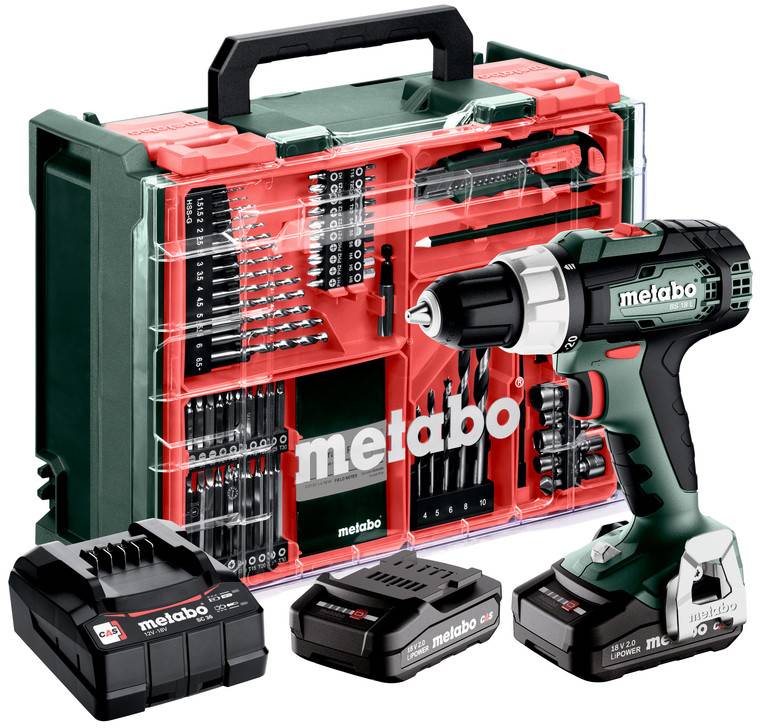 Metabo bežični vibrator sa dva akumulatora, punačem i različitim svrdlima i bitovima za uvrćanje u crvenom koferu za transport.