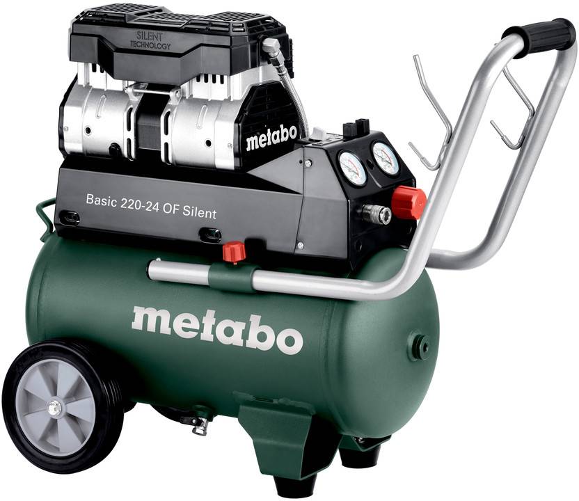 Metabo Basic 220-24 OF tihi kompresor zraka s crnom jedinicom pumpe, zelenom posudom, manometrima, ručkom i kotačima.