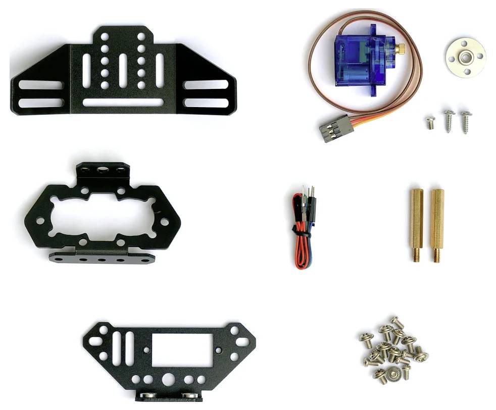 Komplet za izradu robota s metalnim dijelovima, električnim servo motorom, kabelima i vijcima za sastavljanje.