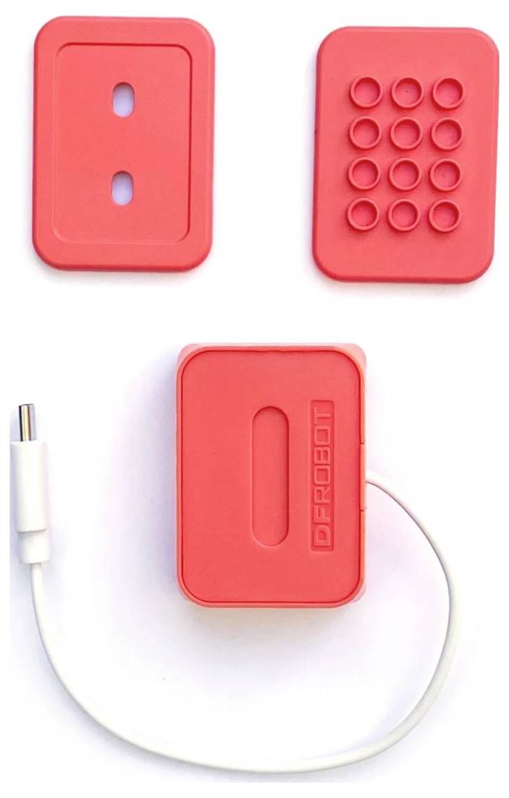 Crveni pravokutni senzorski uređaj s USB kabelom, prikazuje dvije zamjenjive prednje ploče s različitim dizajnima i logom 'DFROBOT'.