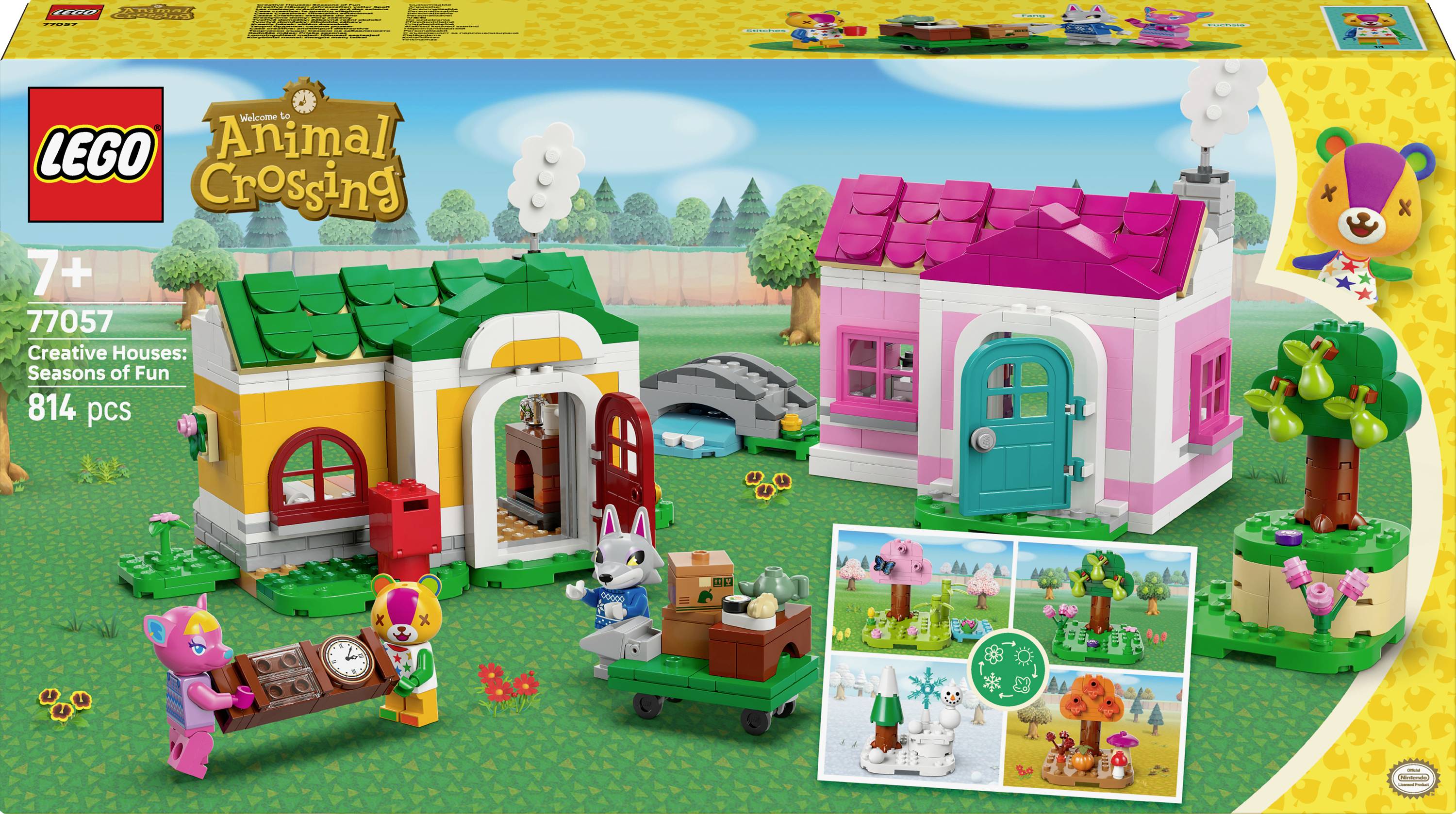 LEGO komplet koji prikazuje dvije šarene kuće, drvo i životinjske likove iz 'Animal Crossing-a'. Oznaka: 'Kreativne kuće: Godišnja doba zabave, 814 kom.'