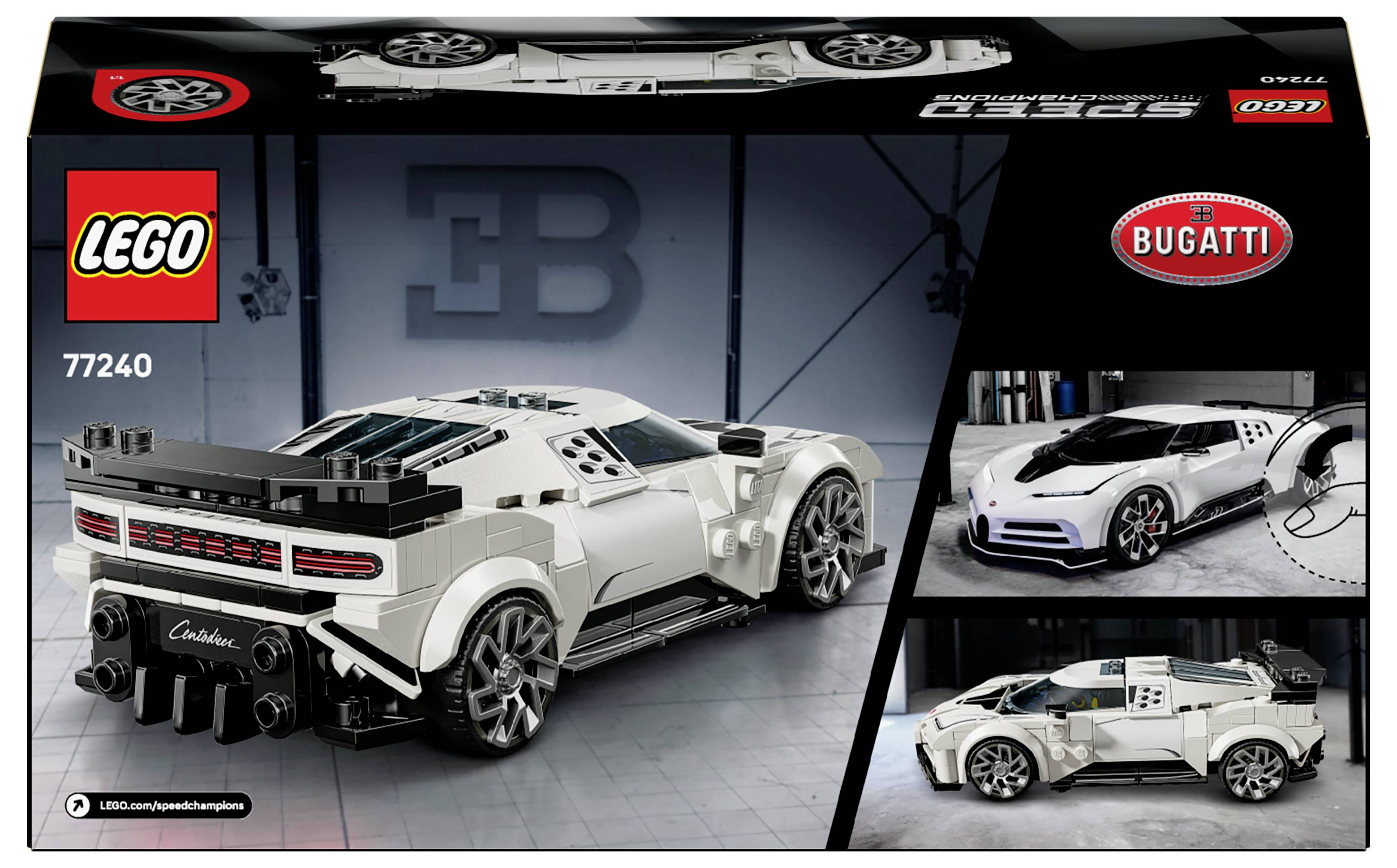 Kutija LEGO Bugatti seta 77240 prikazuje detaljan bijeli Bugatti model s logotipima 'Bugatti' i 'LEGO', naglašavajući intrikatni dizajn automobila.
