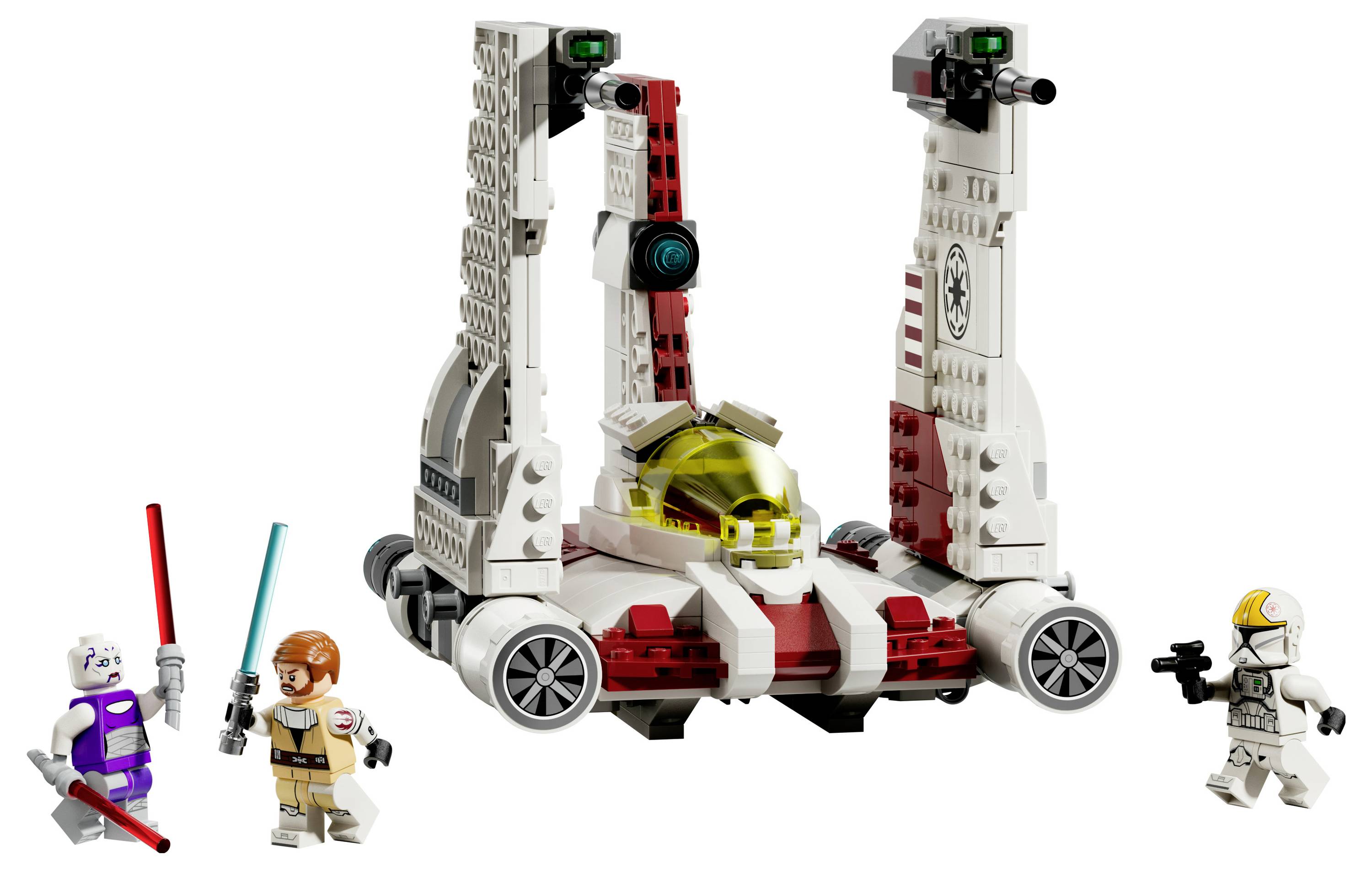 Dva LEGO lika s mačevima svjetlosti suočavaju se s likom koji ima blaster. Detaljan LEGO model svemirskog broda u crvenim i bijelim bojama stoji iza njih.