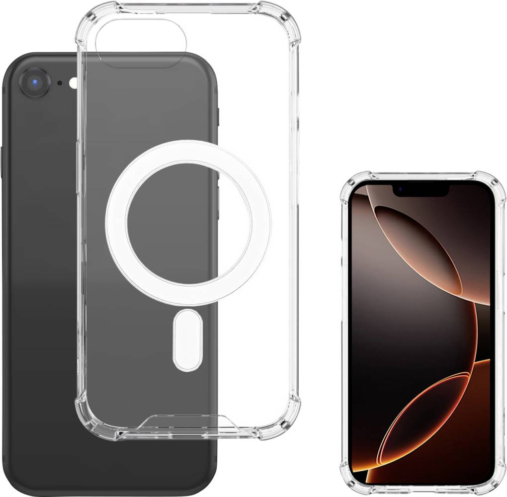Crni pametni telefon s prozirnim zaštitnim kućištem i kružnim magnetskim prstenom. Pored njega pametni telefon s aktiviranim zaslonom.