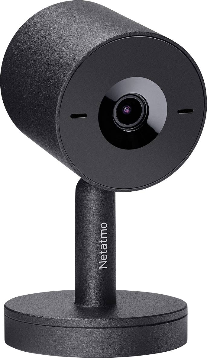 Crna, okrugla sigurnosna kamera sa postoljem, označena natpisom 'Netatmo'.