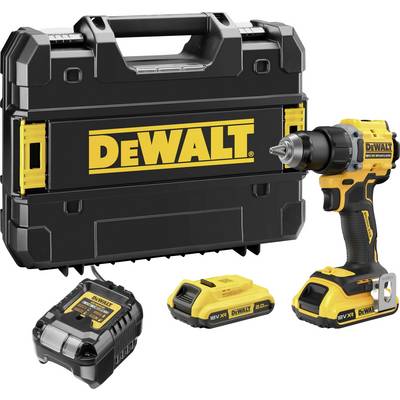 Dewalt set akumulatorskog bušilice-odvijača koji uključuje žuto-crnu bušilicu-odvijač, punjač, dva akumulatora i crni alat kofer.