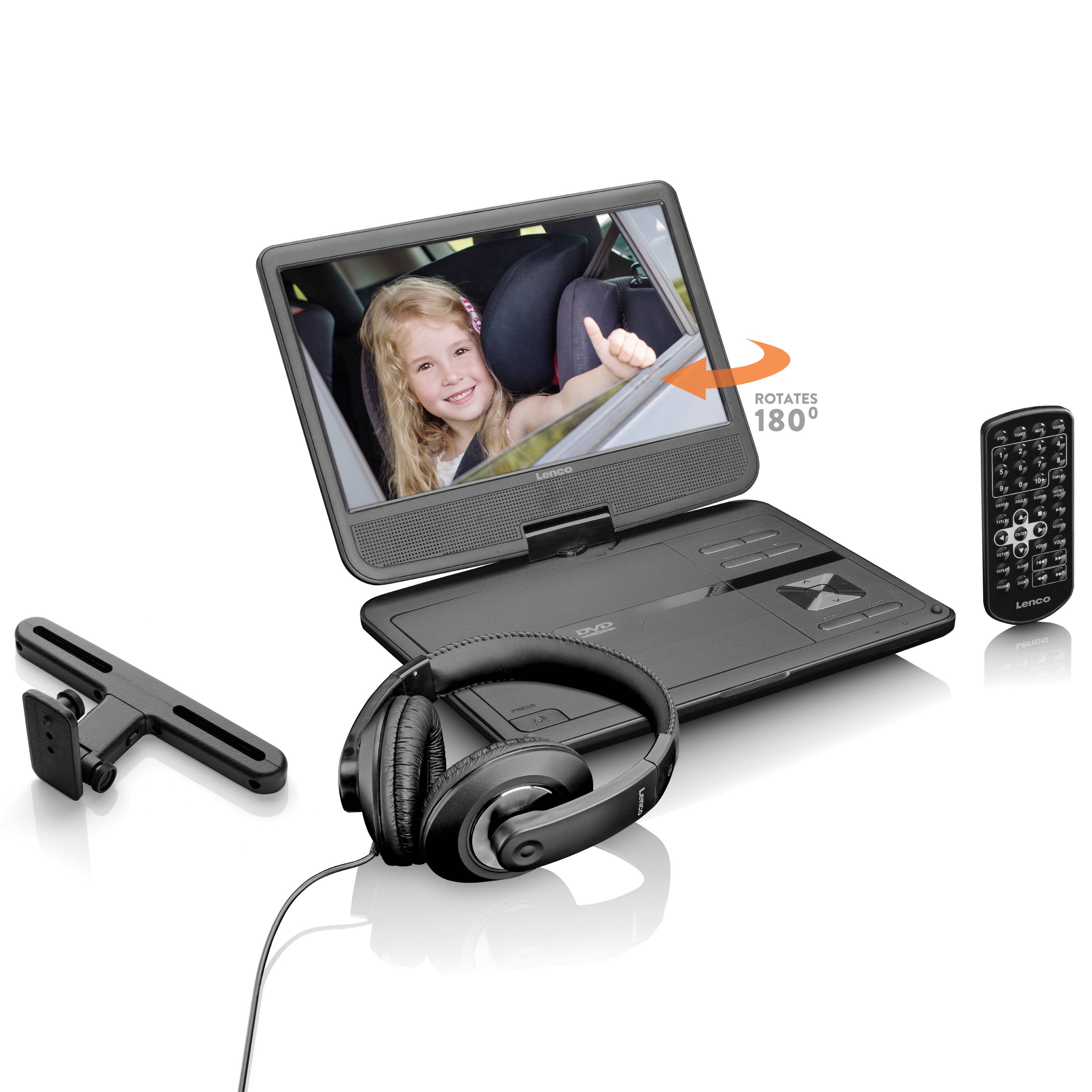 Prijenosni DVD player s rotirajućim zaslonom, na kojem je dijete s palcem gore u automobilu. Uključuje slušalice i daljinski upravljač.