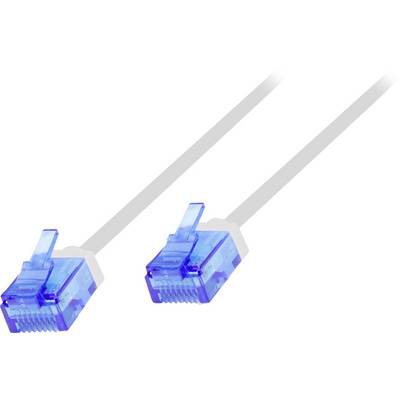 Dva plava Ethernet kabelska konektora na bijeloj podlozi, nagnuta dijagonalno s sivim kabelima koji se protežu prema gore.