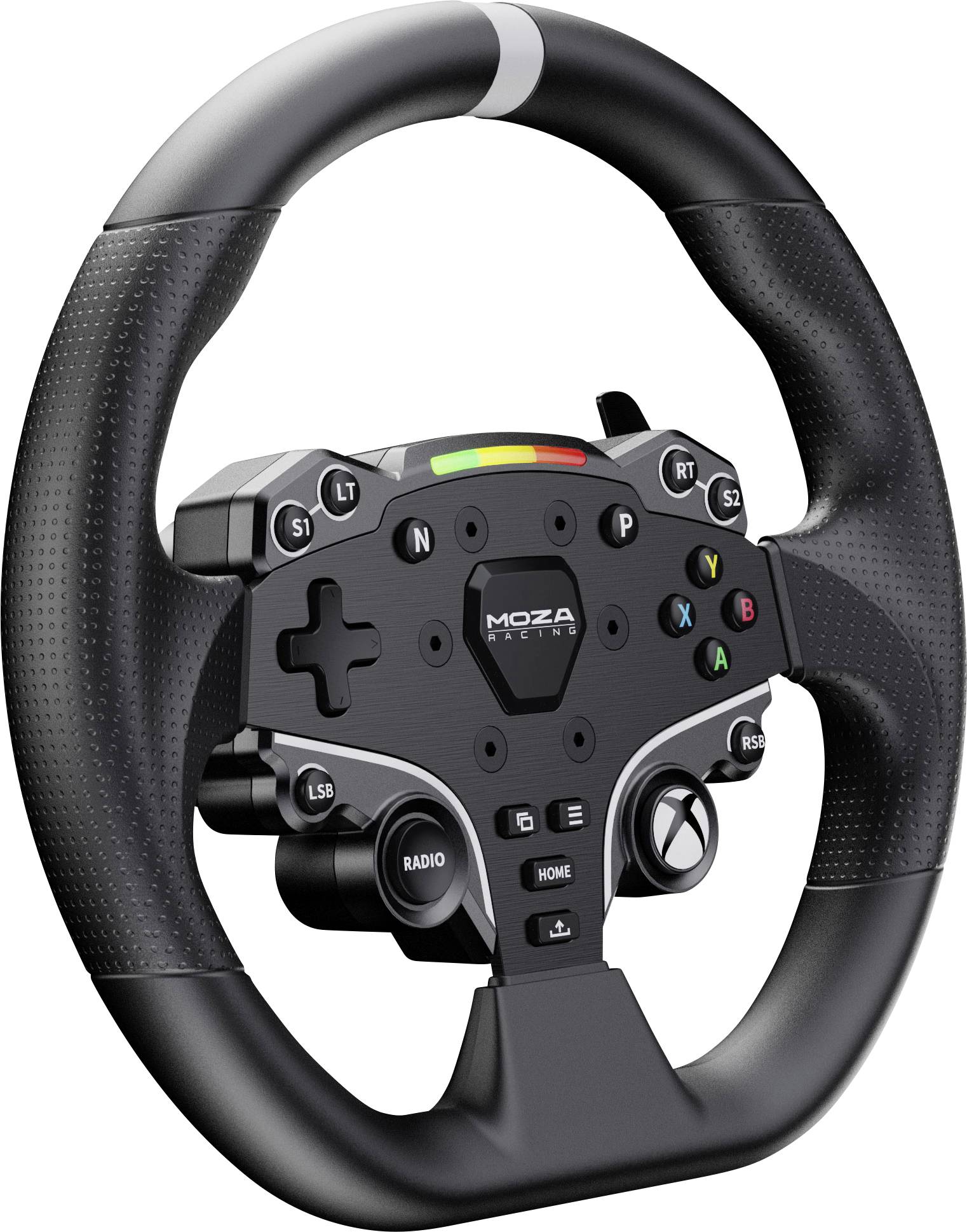Crni gaming volan s više tipki, pogodan za automobilske igre. Tekst 'MOZA Racing' u sredini upravljačke jedinice.