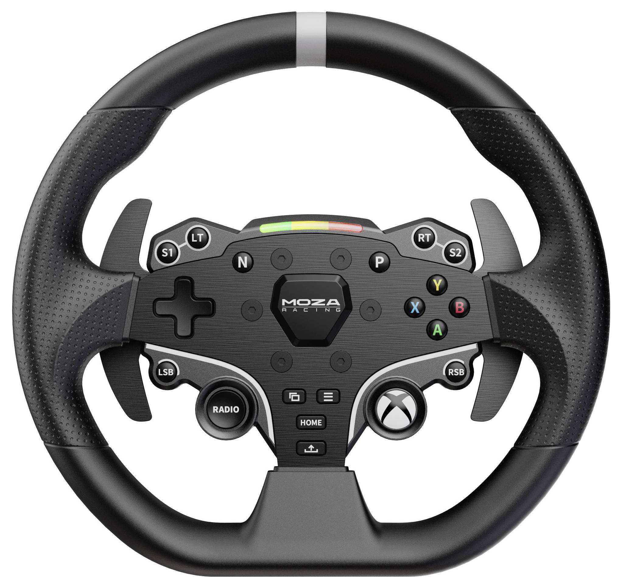 Crno gaming volan s više tipki i upravljačkim križem. Dizajniran je za vožnju u racing simulacijama.